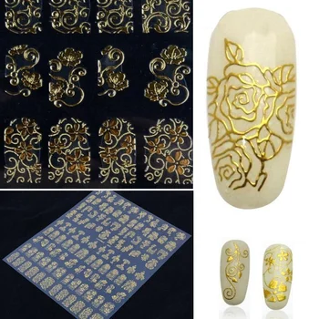 108pcs/veľa Manikúra Nechty Odtlačkový DIY Tipy Hot Predaj Zlata Samoopaľovacie 3D na Nechty, Nálepky Kvet Metalické Vložiť Beauty Nail Art, Ozdoby 25843