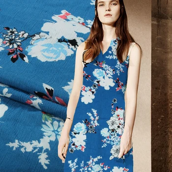 140 cm široký 30 mm bavlna kvetina tlače modrej anti-wrinkle krepové bavlnená tkanina letné šaty sukne handričkou NN 14374