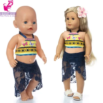 17 palcové baby doll modrá plávať oblečenie s hlavou kvet 18-palcové americký og dievča bábiku bikini set plávanie nosí