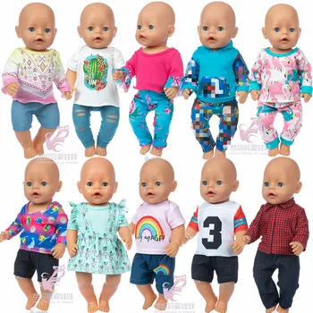 18-palcové americký og dievča bábiku šaty zelené tričko Roztrhané nohavice 43 cm baby doll outwear tričko nohavice