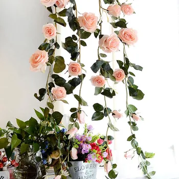 180 cm Umelé Ruže Kvet Viniča Svadobné Dekoratívne Skutočný Dotyk Hodvábne Kvety S Zelené Listy pre Domáce Visí Garland Dekor 22732