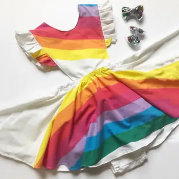 2018 Značky Dievča Princezná Šaty Deti, Baby, Dievčatá Rainbow Prúžok Strany Sprievod Prom Šaty Sundress Lietať Rukáv Luk Oblečenie Pre Dievča