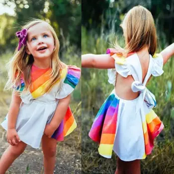 2018 Značky Dievča Princezná Šaty Deti, Baby, Dievčatá Rainbow Prúžok Strany Sprievod Prom Šaty Sundress Lietať Rukáv Luk Oblečenie Pre Dievča