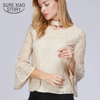 2019 jeseň fashion ženy blúzky svetlice rukávy oblečenia čipky dámske tričká V-neck ženy topy blusa feminina plus veľkosť D23 30
