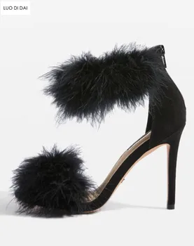 2019 módne ženy, otvorené prst vysoké podpätky strany topánky letné gladiator sandále čierne kožušinové topánky mäkké perie členok popruh sandále
