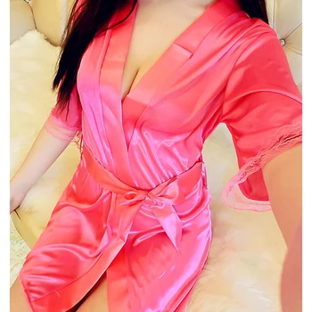 2019 Nové pijamas ženy sexy odev Nízky strih V krku Kimono Ženy, Svadobné Župan Pohodlné Hodvábny Satén Krátka Noc Župan