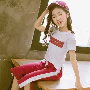 2020 Dospievajúce Deti Oblečenie Nastaviť Kórea Štýl Športové Oblečenie pre Dievčatá v Lete List Tlačených Topy+Nohavice 2ks Dieťa Dievča Oblečenie Oblek 25970