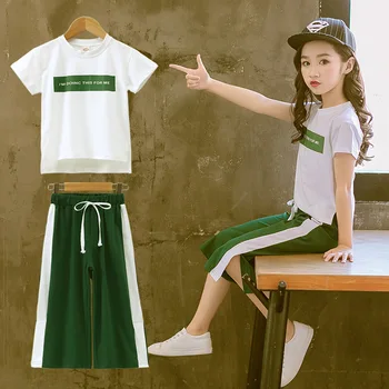2020 Dospievajúce Deti Oblečenie Nastaviť Kórea Štýl Športové Oblečenie pre Dievčatá v Lete List Tlačených Topy+Nohavice 2ks Dieťa Dievča Oblečenie Oblek