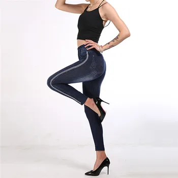 2020 Imitácia Legíny Jeans Strane Prekladané Ženy Mock Pocket Návleky Na Nohavice Slim Jeggings Dámy Denim Skinny Nohavice Plus Veľkosť