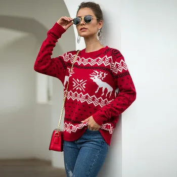 2020 jeseň a v zime Vianočné snowflake jeleň žakárové dlhým rukávom pulóver žien sveter 8000