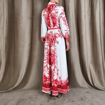 2020 Jeseň Nové Dlhé Šaty dámske Ležérne Strany Klope Diamanty Lištovanie Nádherné Elegantné Vintage Červený Tlač Šaty