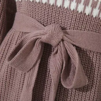 2020 Jeseň Zima Ženy, Čipky Luk Teplé Pletené DressTurtleneck Svietidla Rukáv Kontrast, Farba Vlny Šaty