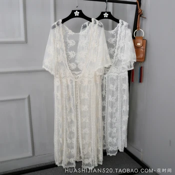 2020 Krátky Rukáv Výšivky Dlho Čipky Kimonos Ženy Sladké Duté Z Čipky Pláži Kimonos Dlho Čipky Košele Čipky Topy, Blúzky