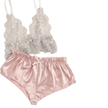 2020 Lete Ženy Sexy Sleepwear lingeries bez Ramienok tvaru Čipky Plodín Top Ružový Satén Šortky Vidieť Cez Pyžamo Nastaviť Odev