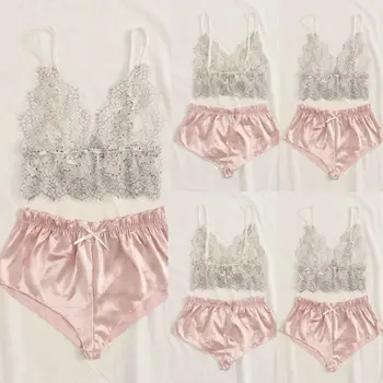 2020 Lete Ženy Sexy Sleepwear lingeries bez Ramienok tvaru Čipky Plodín Top Ružový Satén Šortky Vidieť Cez Pyžamo Nastaviť Odev