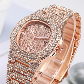 2020 najnovší dizajn luxusné zlaté všetky diamond dámske hodinky quartz hodinky z nerezovej ocele hodinky s kalendár Módneho priemyslu Hodinky
