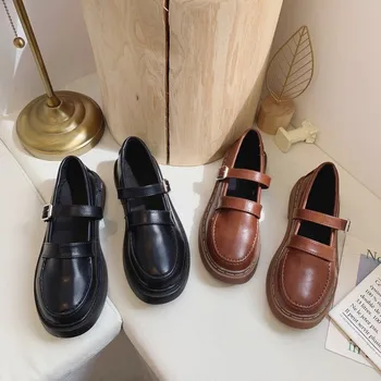 2020 nové jarné letné topánky žena kolo hlavu hlboko v ústach Japonský malé kožené topánky retro ploché topánky Zapatillas Mujer J14-98