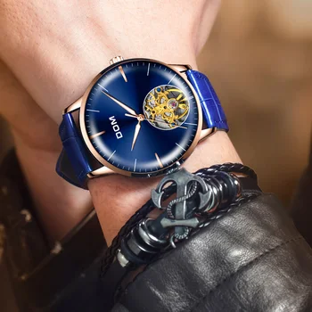 2020 nové mechanické hodinky DOM automatické pánske hodinky, luxusné značky modrý kožený remienok 3atm nepremokavé pánske relagio 42802