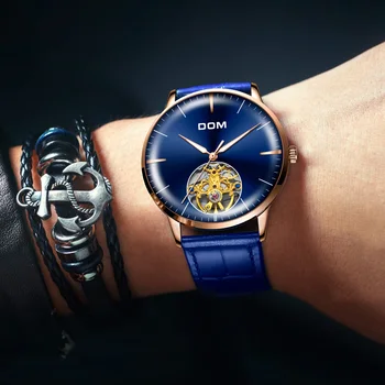 2020 nové mechanické hodinky DOM automatické pánske hodinky, luxusné značky modrý kožený remienok 3atm nepremokavé pánske relagio