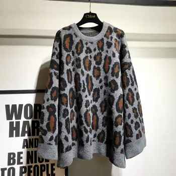 2020 Zimné Leopard Sveter Ženy O Krk Dlhý Rukáv Pulóvre Vintage Voľné Topy Kórejský Nové Módne Streetwear Vytiahnuť Femme 26461