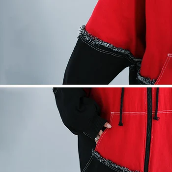 2020 Zimné Ženy Denim Jacket Bavlna Čalúnená Teplé Nadrozmerná Kabát Farby Blok Trhať Švy Dizajn Vrecká Na Zips S Kapucňou Kabát 6427