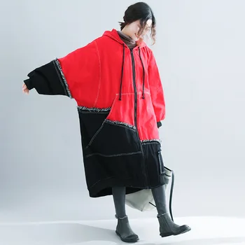 2020 Zimné Ženy Denim Jacket Bavlna Čalúnená Teplé Nadrozmerná Kabát Farby Blok Trhať Švy Dizajn Vrecká Na Zips S Kapucňou Kabát