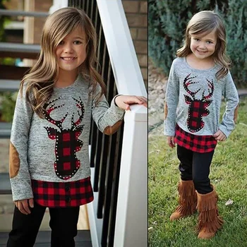 2021 Dievčatá Súbor Európskych A Amerických Jarné/Jesenné Vianočné Elk Vzor Červená Koberčeky Top + Nohavice Dvoch-Dielny Deti Oblečenie