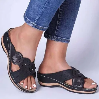 2021 dámske Sandále Kvety Otvoriť Špičkou Topánky Žena Mäkké Premium Ortopedické Nízke Podpätky Vychádzkové Topánky Sandále Žena Drop Shipping
