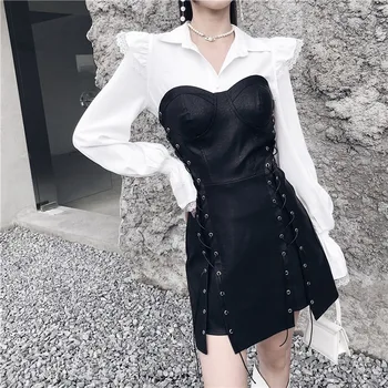 2021 Gotický Ženy Vintage Čierne Šaty Streetwear Hip Hop Harajuku Punk Oblečenie Slim Vysokým Pásom Šnúrkou Obväz Mini Šaty