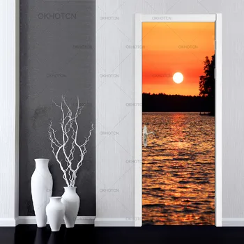 3D DIY Dvere PVC Nálepky Moderné Dvere Nálepky západ Slnka Krajiny Nepremokavé Tlače na Životné Tapety Pre Obývacia Izba Domova