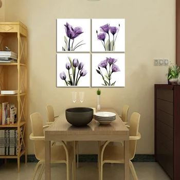 4 Ks Elegantné Tulipán Fialový Kvet Plátno Tlačiť Wall Art Maľovanie na Obývacia Izba Dekor a Moderné Domáce Dekorácie Obrázok