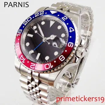 40 mm PARNIS black sterilné dial modrá červená keramická fazeta dátum zafírové sklo GMT automatický pohyb pánske hodinky PA1079 58584
