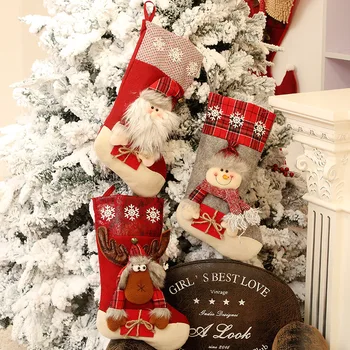 46X22cm Vianočný Večierok Vianočný Strom Visí Dekor Nový Rok Červená Skontrolujte Cartoon Jeleň Santa Snehuliak Osadenie Ponožka Deti Darček Cukríky Tašky 20778