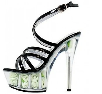6 palcový sexy jasné platformu sandále biele kvety pre svadobné topánky móda 15 cm transparentné PVC šaty vysoké podpätky 82870