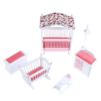 6pcs/súbor Drevených DIY Mini domček pre bábiky, Spálne, Nábytok, Hračky Nastaviť 1/12 Simulácia Nábytok Model Hračka pre Doll House Decoration Ružová