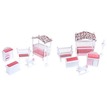6pcs/súbor Drevených DIY Mini domček pre bábiky, Spálne, Nábytok, Hračky Nastaviť 1/12 Simulácia Nábytok Model Hračka pre Doll House Decoration Ružová