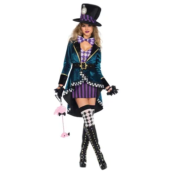 7pcs Klaun Mad Hatter Kostým pre Dospelých Žien Fantasias Sexy Kúzelník Cosplay Halloween Karneval Magic Šaty