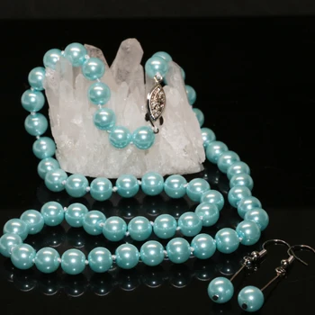 8 mm sky blue reťazca náhrdelníky náušnice pre ženy simulované-pearl shell okrúhle korálky módne jedinečný dizajn, šperky, 18-palcové B2362 8875