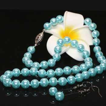 8 mm sky blue reťazca náhrdelníky náušnice pre ženy simulované-pearl shell okrúhle korálky módne jedinečný dizajn, šperky, 18-palcové B2362
