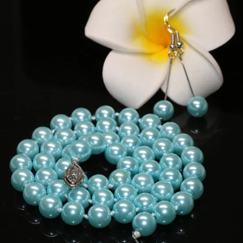 8 mm sky blue reťazca náhrdelníky náušnice pre ženy simulované-pearl shell okrúhle korálky módne jedinečný dizajn, šperky, 18-palcové B2362