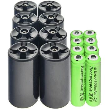 8x D Batérie Adaptér Converter + 8x 3000mAh Ni-MH AA Nabíjateľné Batérie zelená 30859