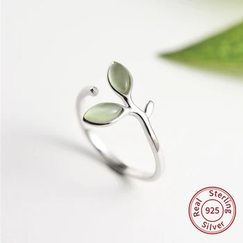 925 Sterling Silver Pučať Listy Prírodný Zelený Kameň Opál Otvoriť Prstene Pre Ženy Jednoduché Módy Smalt Šperky Darček wholesalezk40