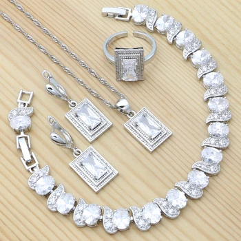 925 Sterling Silver Šperky Set Biely Štvorec Crystal Ušľachtilý Svadobné Šperky, Náušnice, Prívesok Reťazca, Náramok, Prsteň pre Ženy