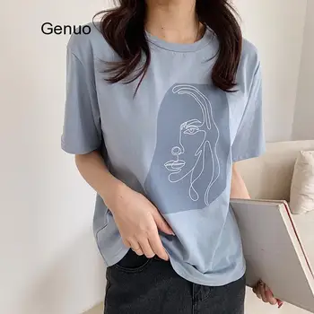 Abstraktný Charakter Tlač T-shirts Ženy Topy Farbou Leta Biela Bavlna Topy Tees Harajuku Dámske Oblečenie