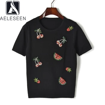 AELESEEN dámske Letné T-Shirts 2020 Nové Bavlna Black White Tee Lištovanie Cherry Výšivky Melón Bežné T-Shirt