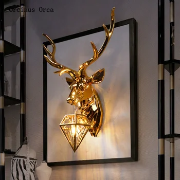Americký luxusný zlatý jeleň hlavu nástenné svietidlo obývacej izby, chodby, spálne, nočné lampy, tvorivé jeleň hlavu nástenné svietidlo