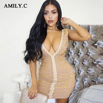 Amily.c 2020 nové dámske šaty sexy hlboké V reťazci dekoratívne šaty žien Clubwear obväz party šaty zlato