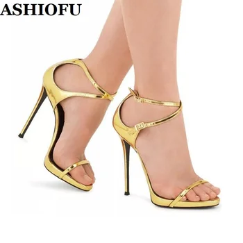 ASHIOFU 2020 New Horúce Žien Vysoké Podpätky Sandále Zlato lakovanej Kože Kríž Pracky Strany Letné Topánky Sexy Večer Módne Sandále