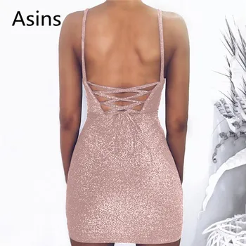 Asins Sexy nočný klub sequin šaty 2019 jar leto nový hot ženy módy sexy šatka bez rukávov strappy sequined ohlávka šaty