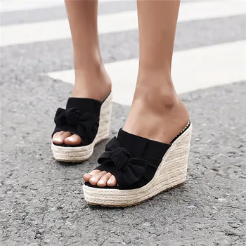 ASUMER 2020 nový príchod ženy sandále stádo bowknot pošmyknúť na letné kliny platformu sandále módne členkové topánky žena black